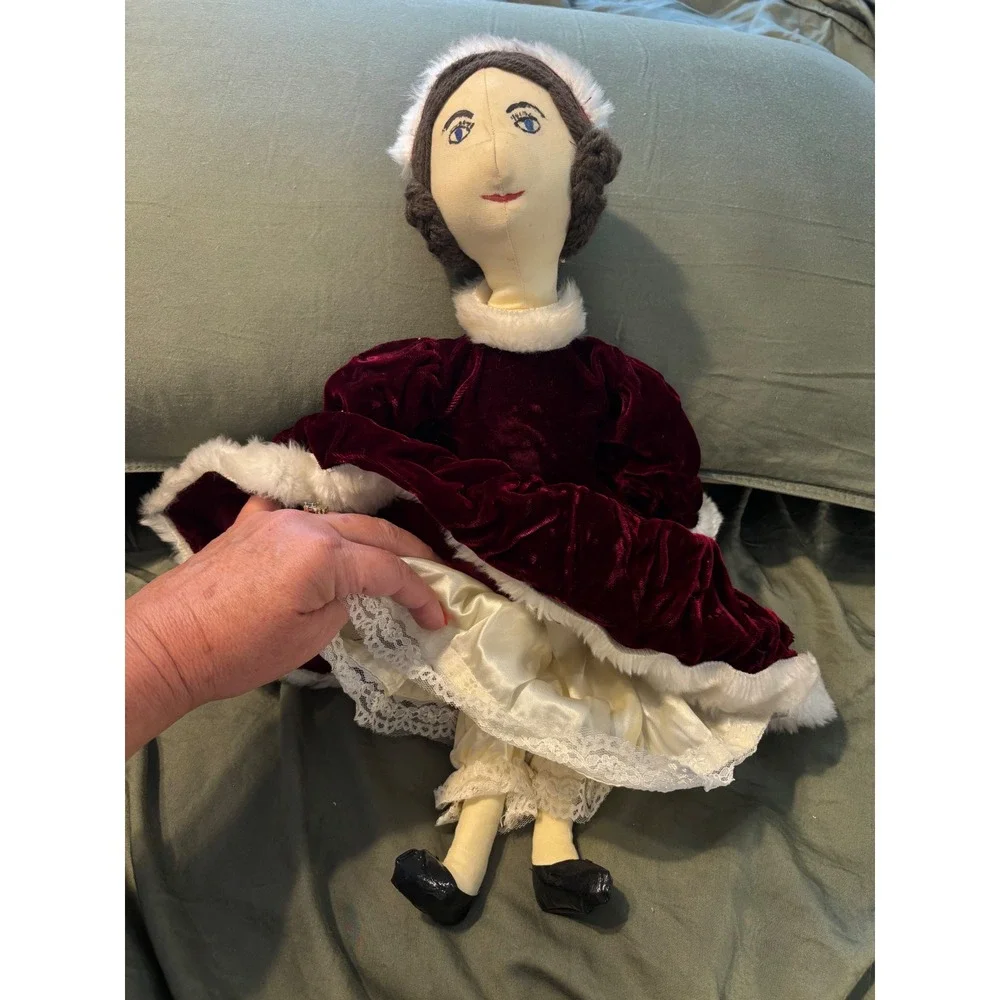 Vintage Handmade Victorian Doll Burgundy Velvet Faux Fur Dress Folk Art 18 Inch